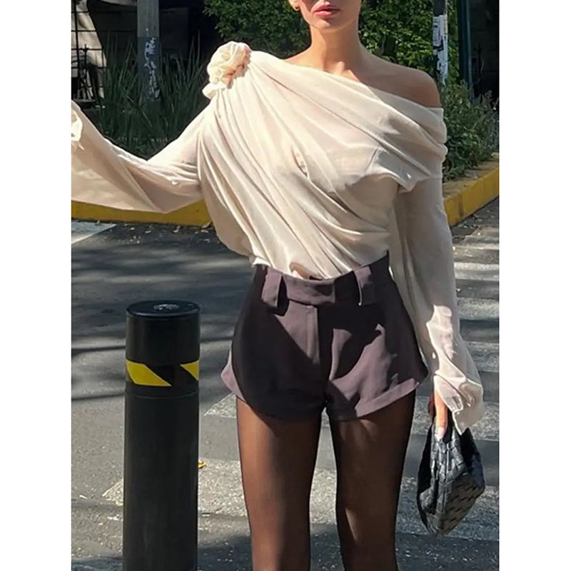 Off Shoulder Tops Elegant Long Sleeve Asymmetrical Neck Ruched Chiffon Blouse Shirts Going Out Top Y2k Shirts