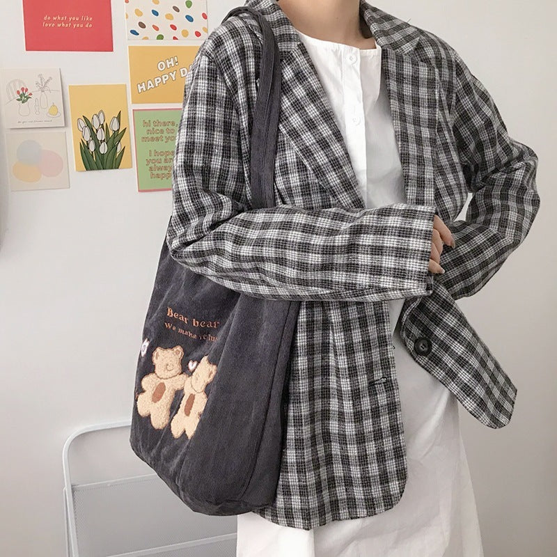 Corduroy Shoulder Bag Lucky Bears Embroidery Striped Canvas Handbag Eco Cloth Tote Cute Soft Shopping Bags For Women