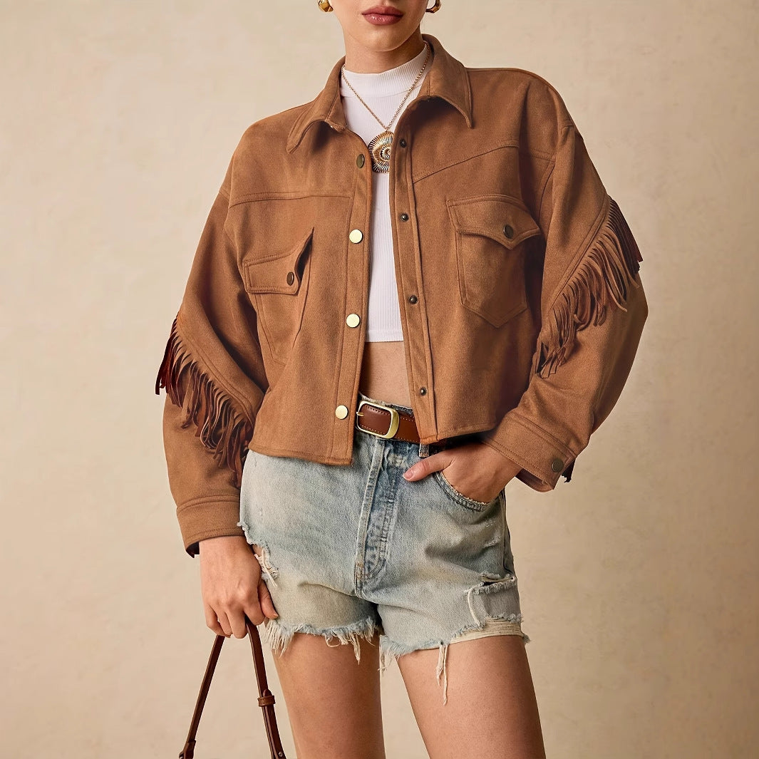 Solid Color Shoulder Down Long Sleeved Tassel Trimmed Casual Jacket