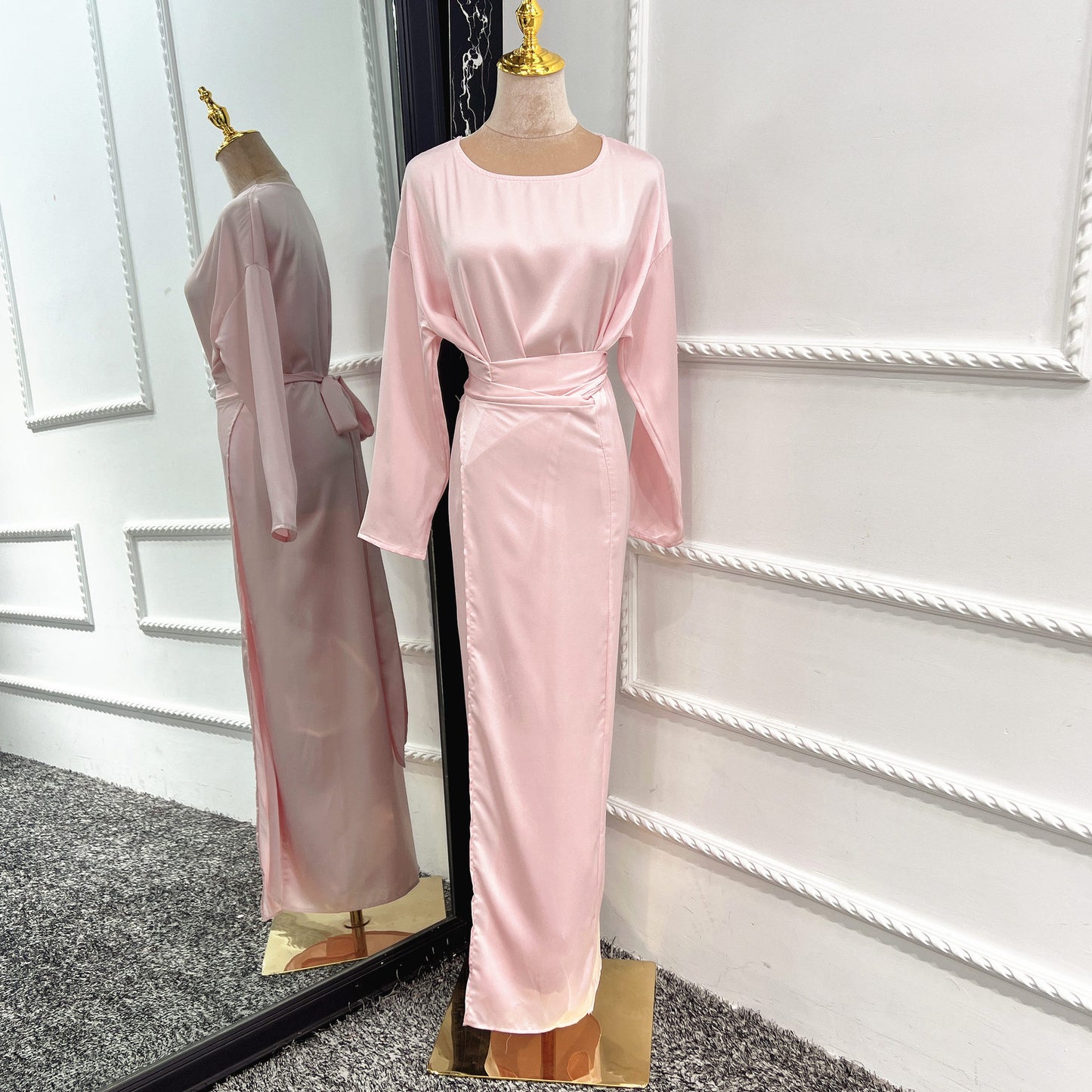 Elegant Long Sleeve Modest Maxi Dress | Sophisticated Full Length Gown Soft Waist Dress Satin Women