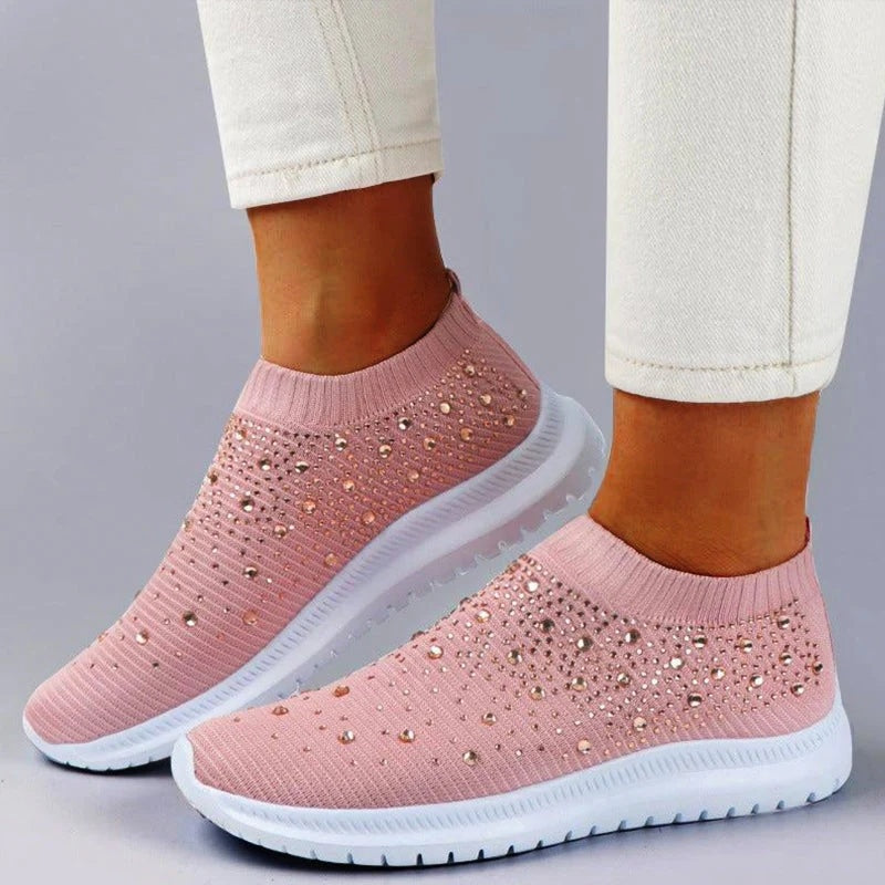 Sparkling Rhinestone Slip-On Sneakers Rhinestone Flyknit Sneakers