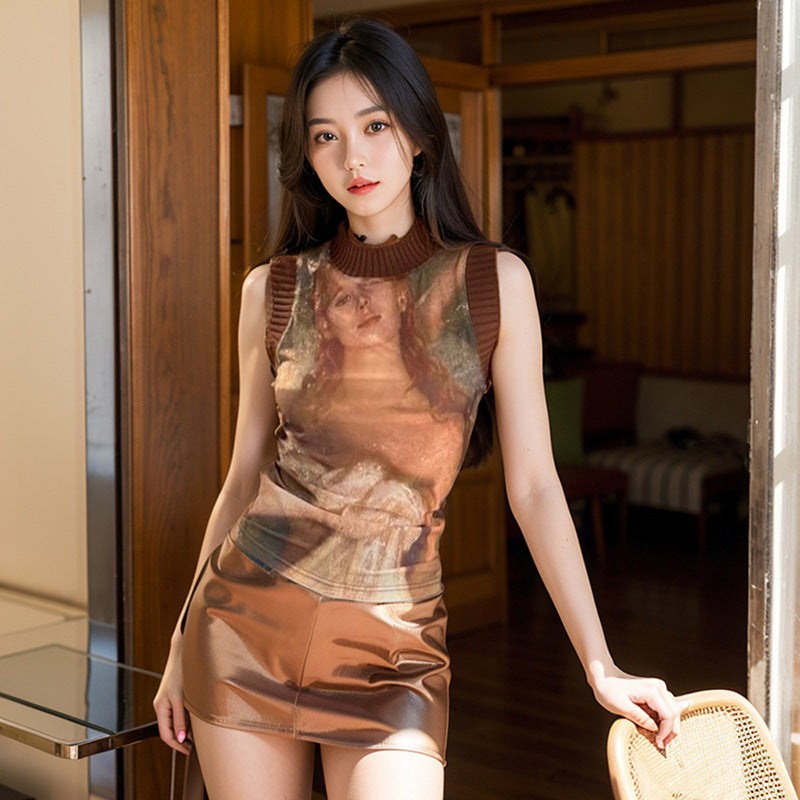 Trendy See-Through Graphic Print Sleeveless Top European And American Retro Printed Patchwork Round Neck Sleeveless Mesh Top