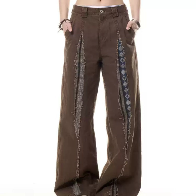 Y2K Tribal Stitch Flared Pants – Brown Statement Streetwear Retro Frayed Stitching Design Multi-pocket Jeans For Women