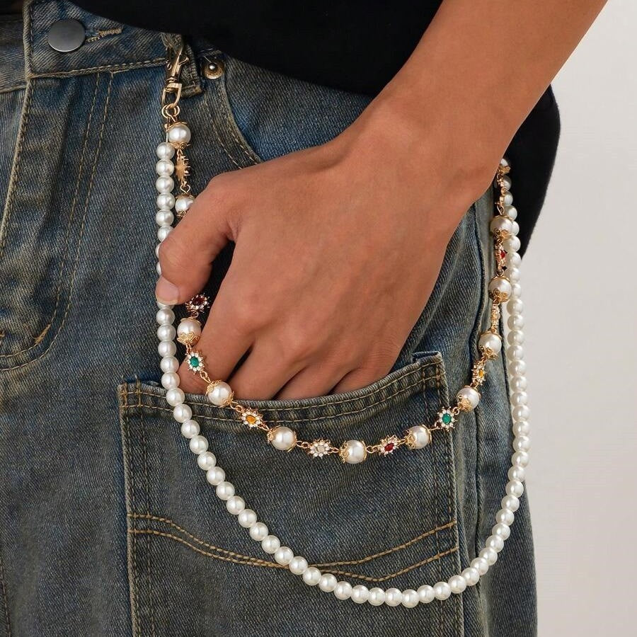 Stylish Pearl & Beaded Jeans Chain Women's Versatile Double Layer Metal Chain