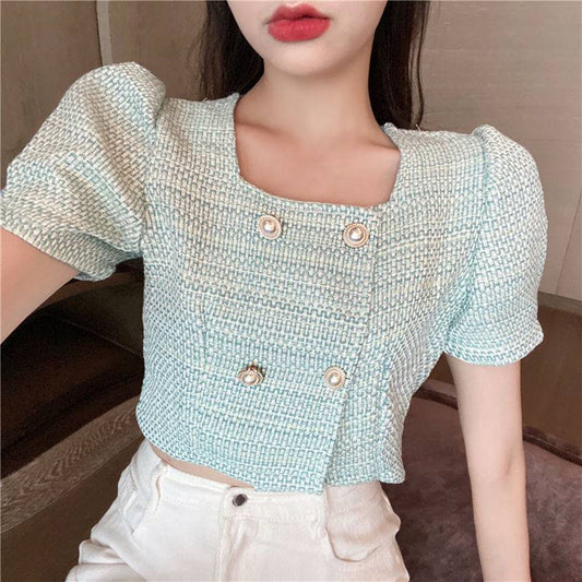 Sweet & Stylish Puff Sleeve Button Detail Top Women's French Temperament Thin Short Top