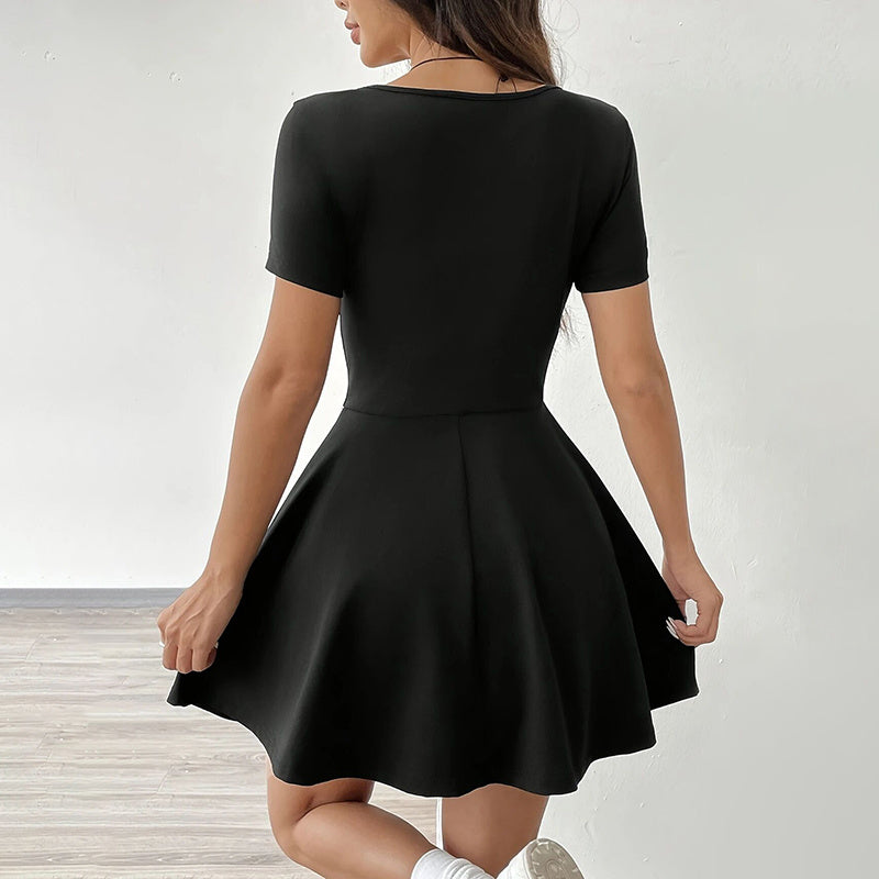 Square Neck Short Sleeve Ruffle Hem A Line Flare Mini Basic Dress