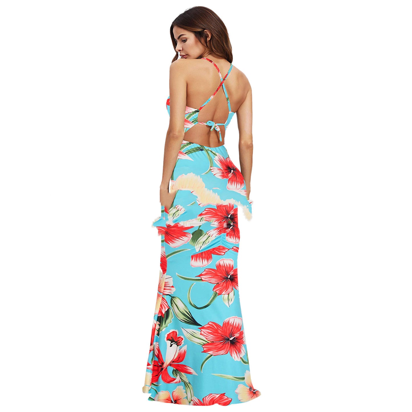 Corset Milk Silk Maxi Suspender Print Bodycon Dress For Women's