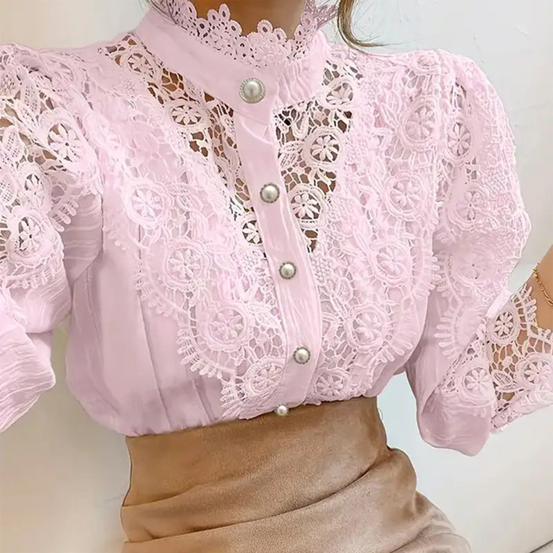 Elegant Women's Vintage Pearl Button Lace Blouse - Puff Sleeve Semi-Sheer Ruffled Stand Collar Shirt Spring&Summer Office & Vacation Top