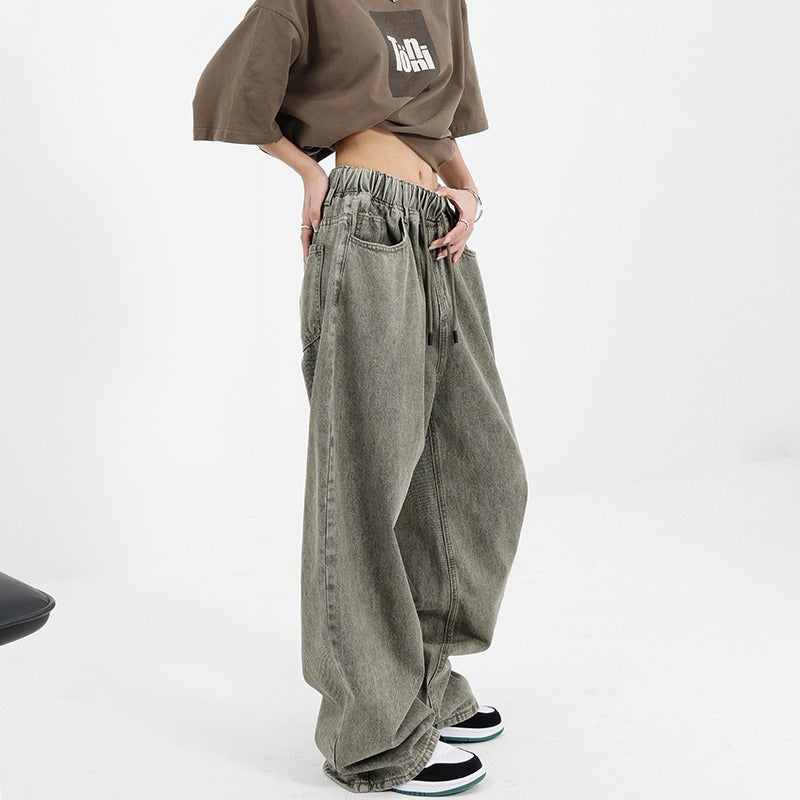 Retro Worn Looking Washed-out Drawstring Jeans For Women