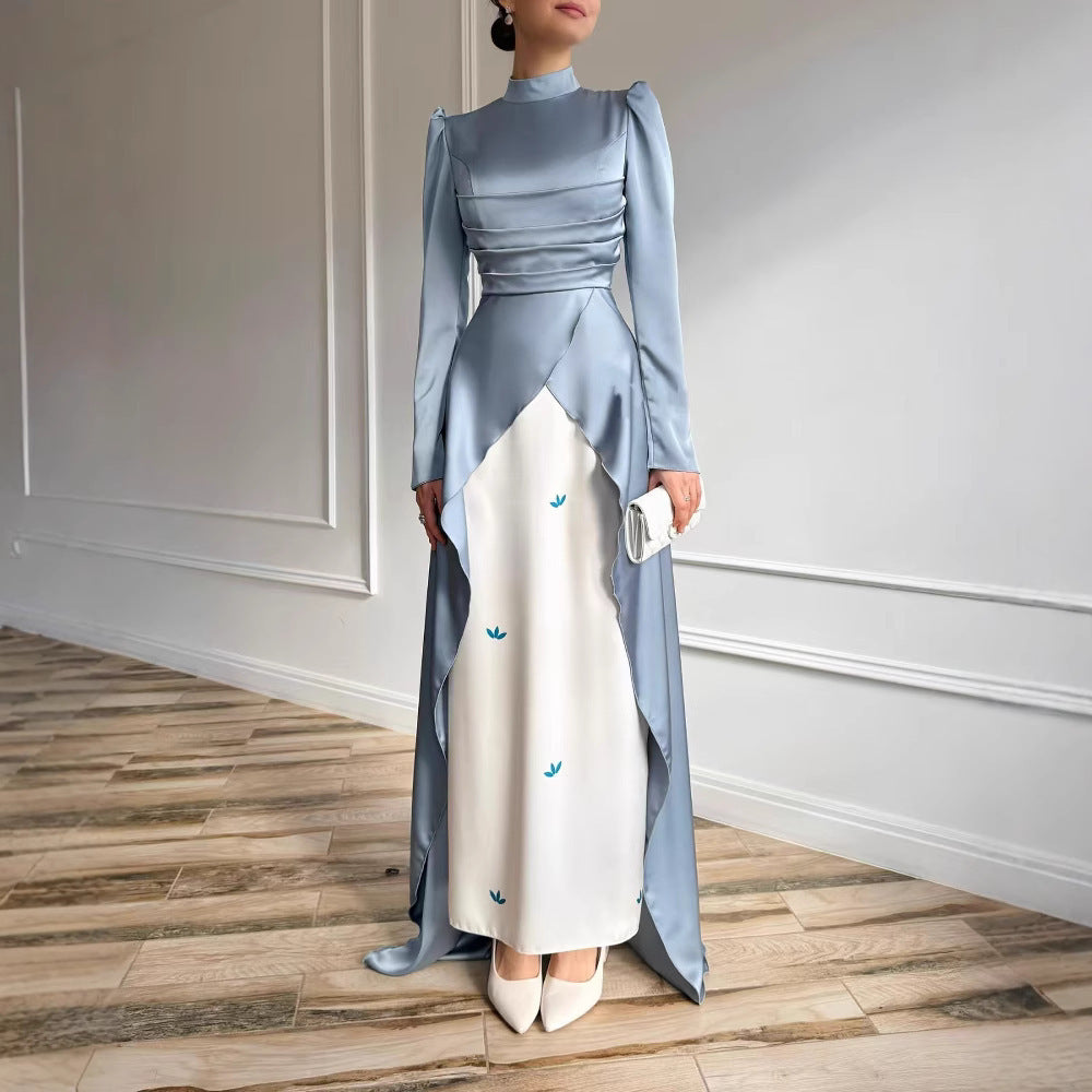 Pleated Stitching Contrast Color Long Sleeves Dress
