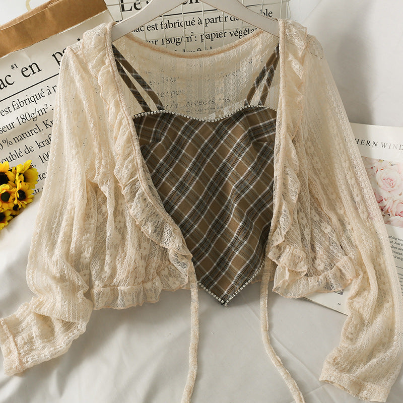 Short Bellyband Camisole Lace-up Ruffled Loose Lace Sunscreen Shirt