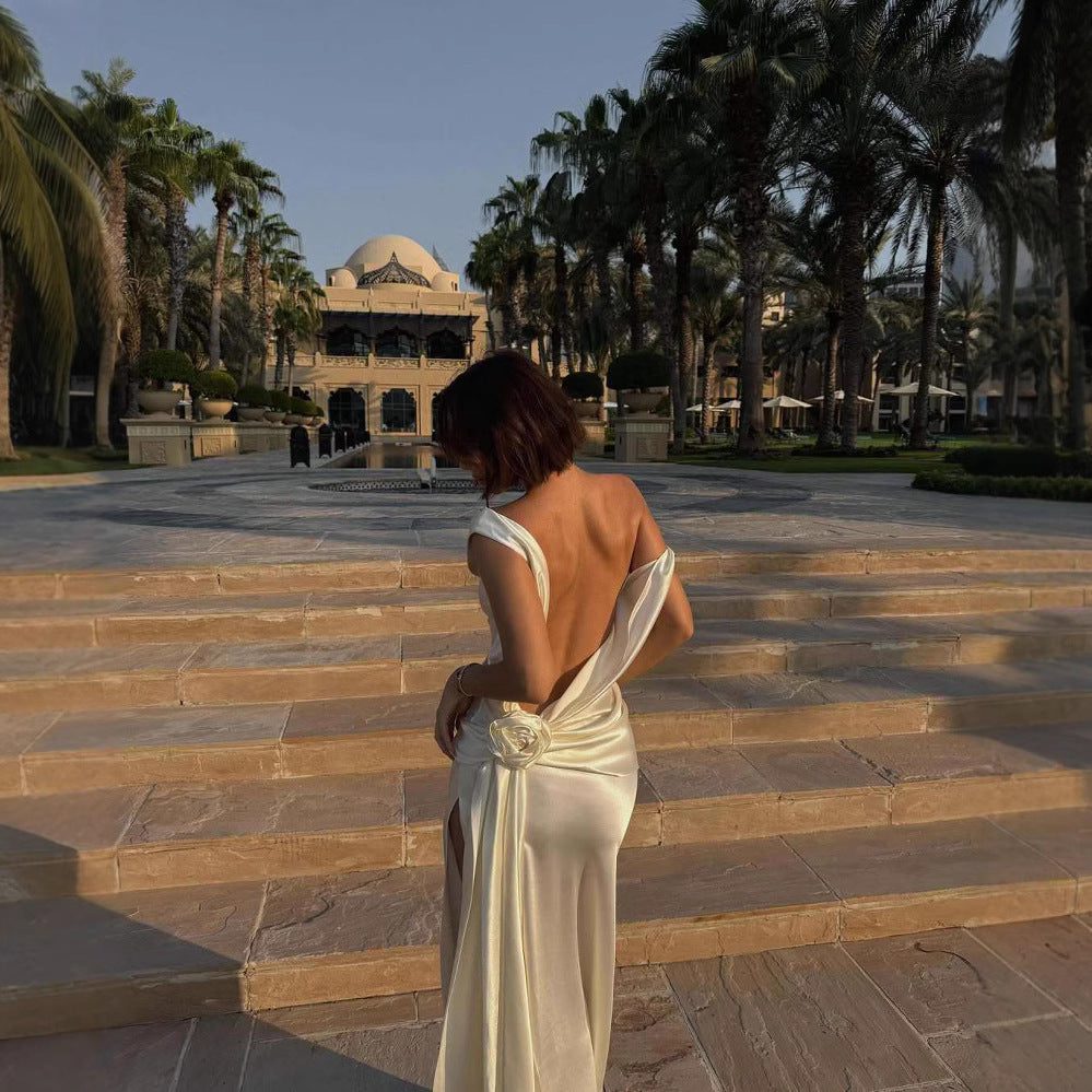 Chic & Sexy Draped Cowl Neck Sleeveless Party Dress (White/Champagne) High Quality Satin Dignified Flowers Dress Split Dress
