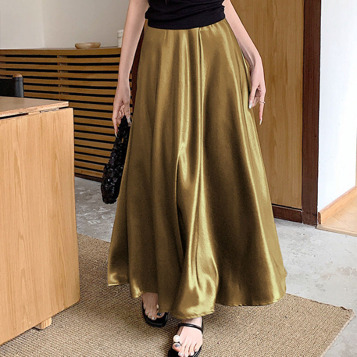 Casual All-match Acetate Satin Draped Solid Skirt