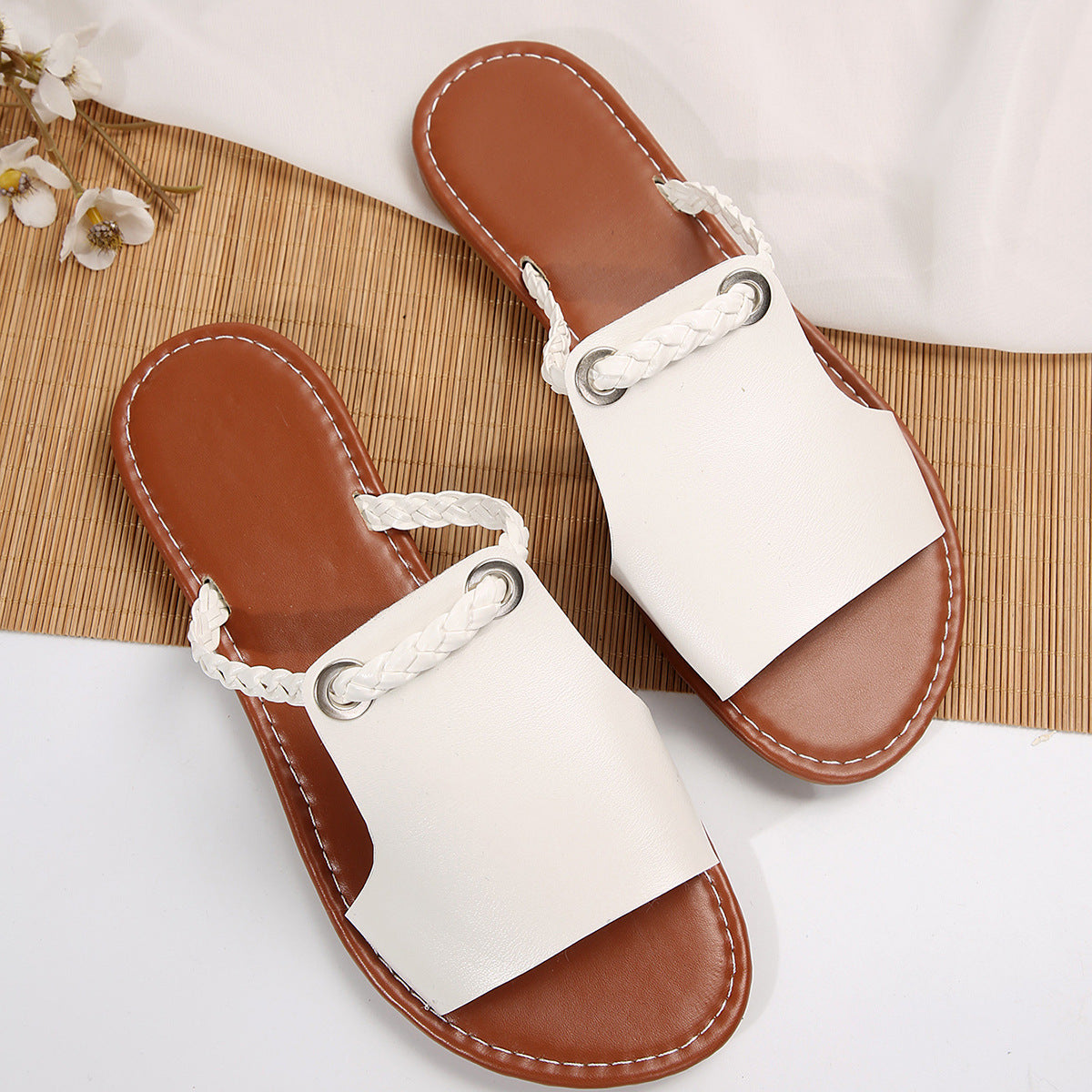 Trendy Flat Slide Sandals with Braided Strap & Toe Ring Simple Daily Beach Slippers