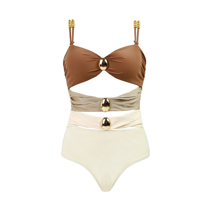 Women's Cut Out Colorblock One Piece Swimsuit Ruched Swimwear Bathing Suit With Removable Straps