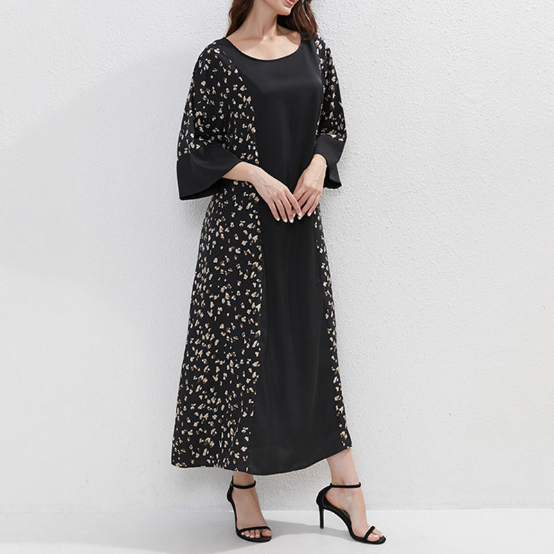 Ethnic Floral Print Tunic Dress With Belt, Middle Eastern Style Muslim Long Dress