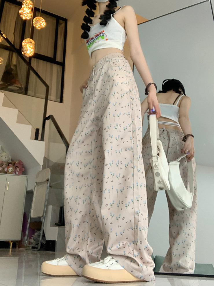 Pastel Floral Wide-Leg Pants – Soft, Flowery & Feminine Vibes Hong Kong Style Floral Jeans For Women