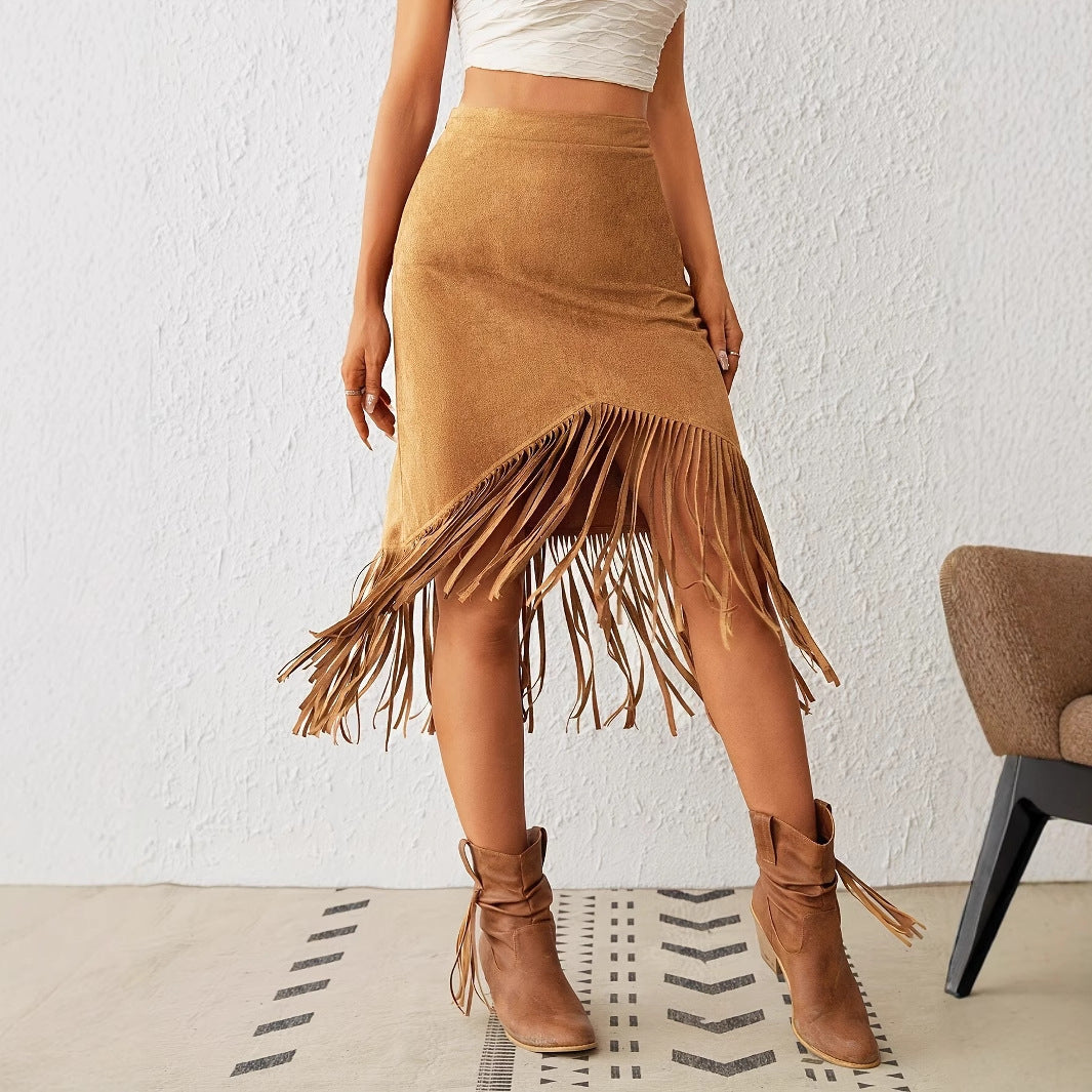 Western Style Imitation Suede Fringe High Waisted A-line Skirt For Women's