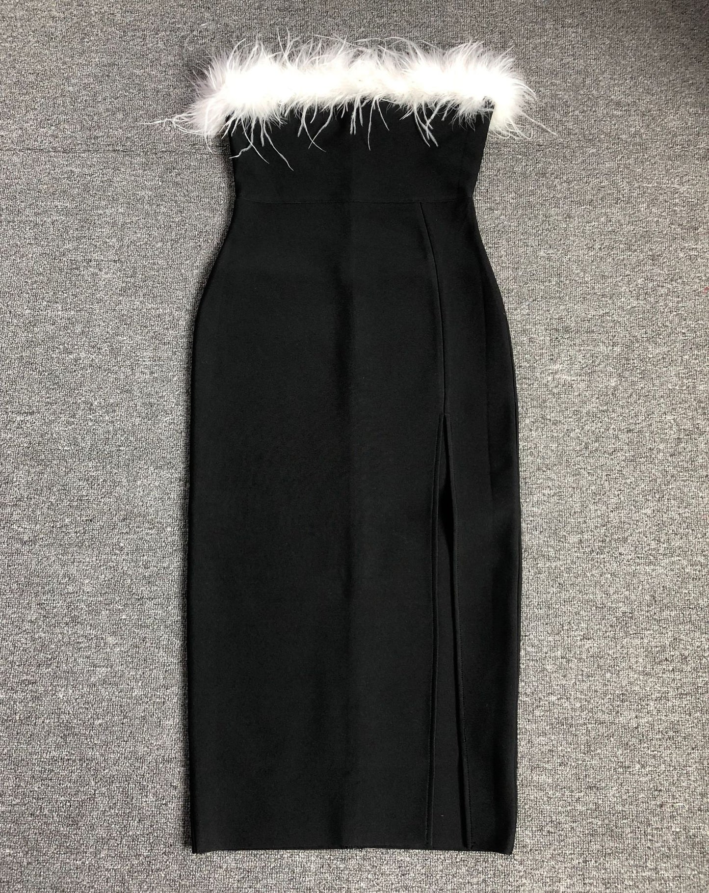 American Off-shoulder Contrast Color Ostrich Hair Tube Top High Slit Bandage One-piece Dress