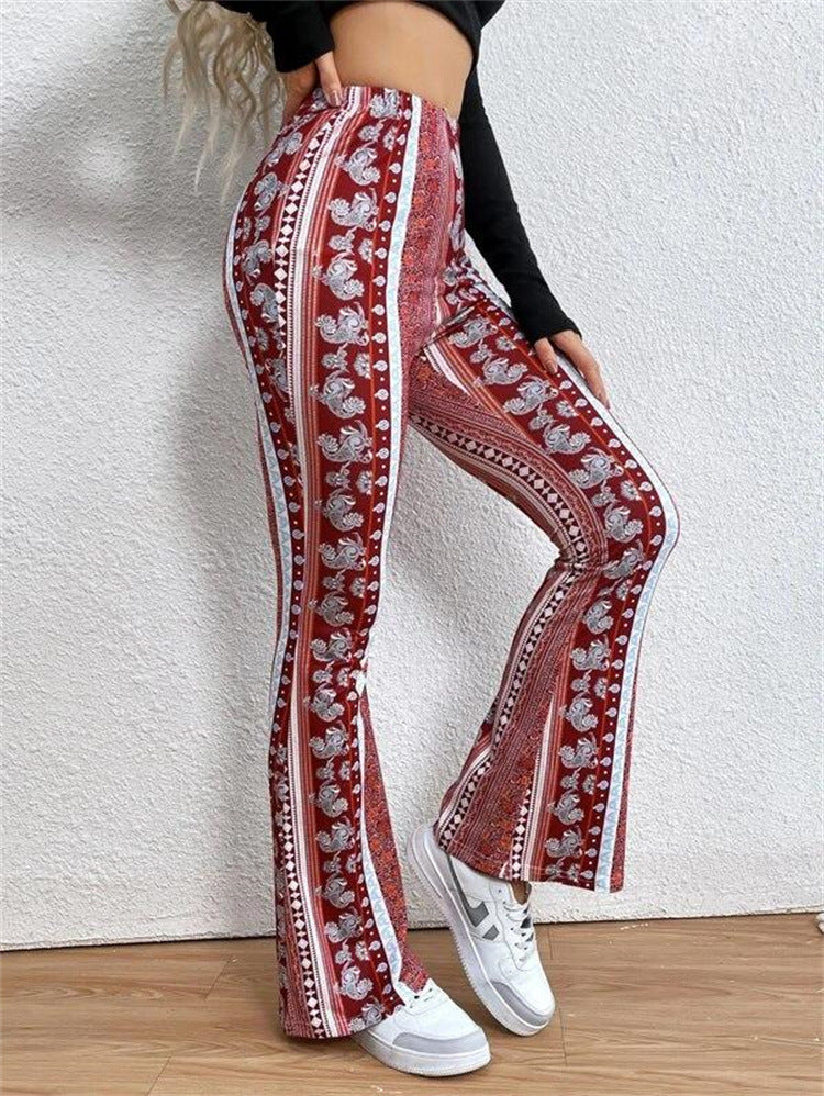 Boho Vibe Flare Pants – Retro Printed Stretch Trousers Loose Running Leisure Wide Leg Pants