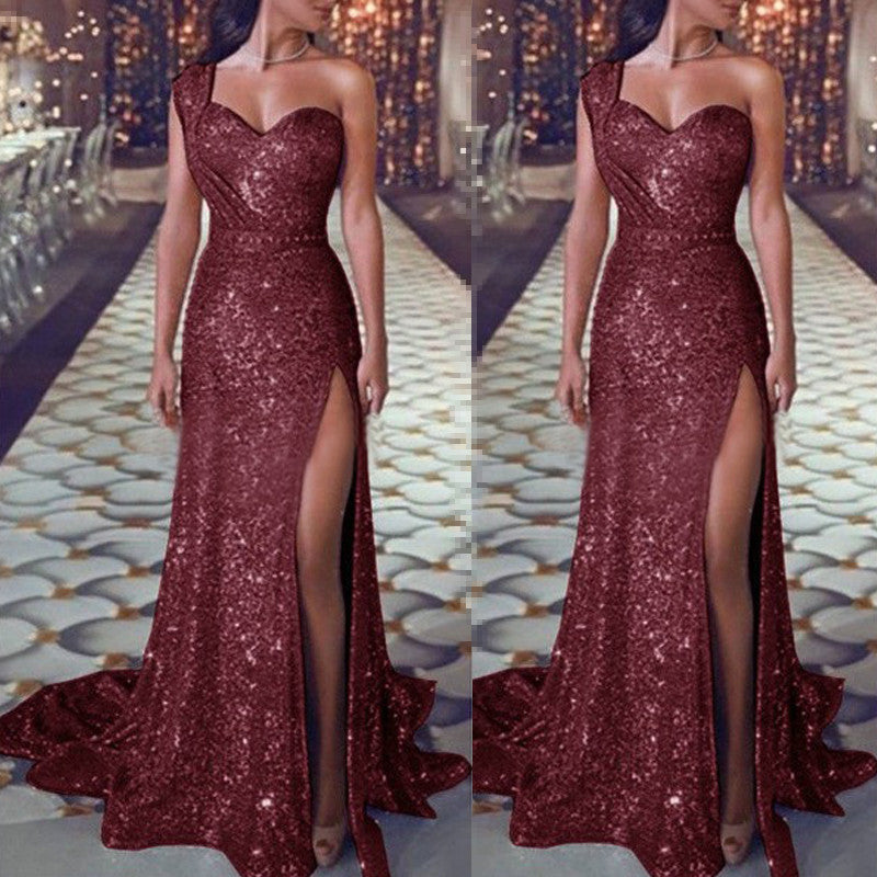One-shoulder Sleeveless Bronzing Split Dress Women's Clothing