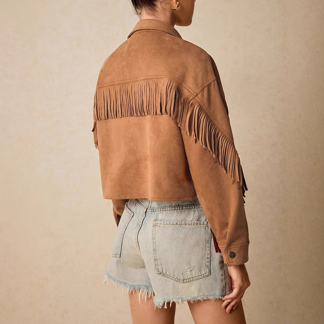 Solid Color Shoulder Down Long Sleeved Tassel Trimmed Casual Jacket