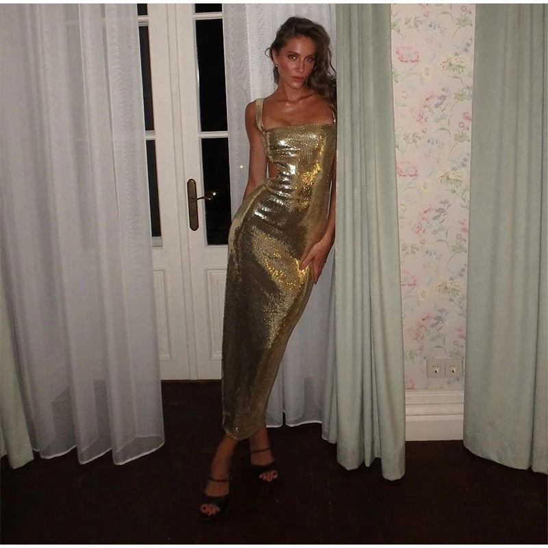 Sequin Sling Square Collar Backless Dress Skirt For Women's