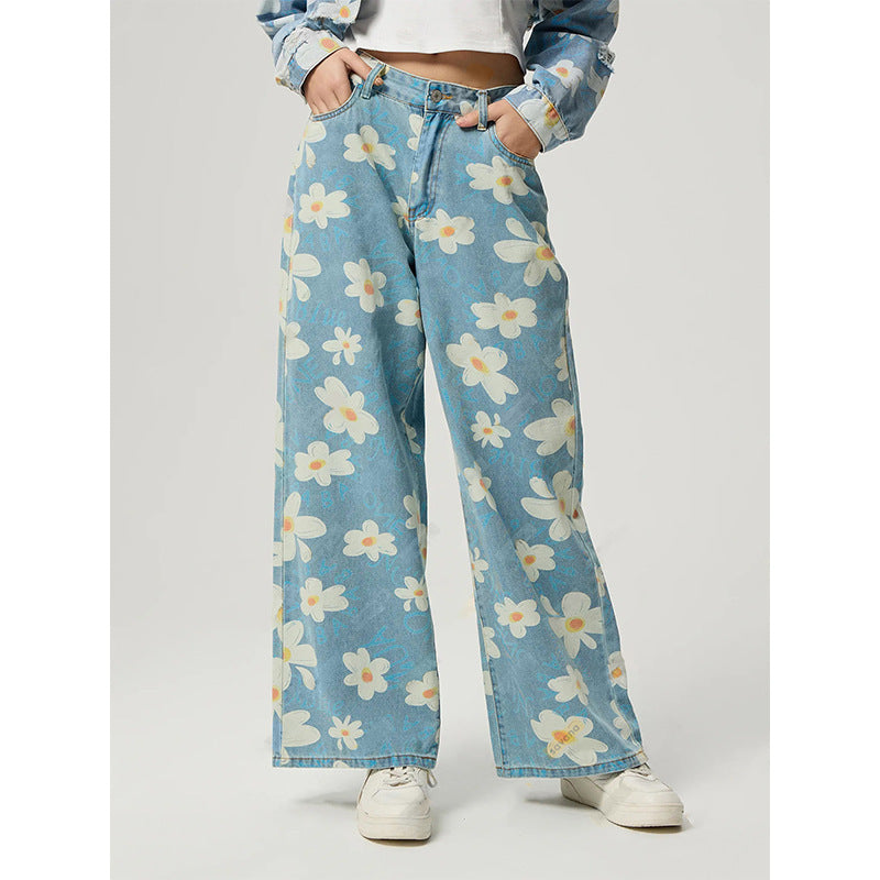 Vintage Flower Print Straight Jeans For Women's