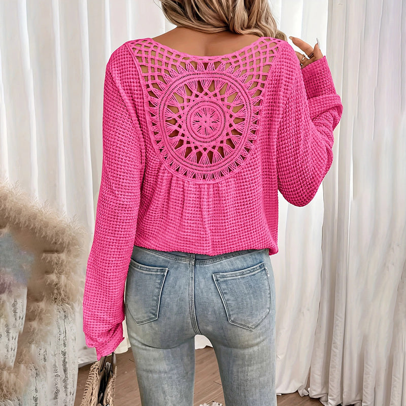 Solid Color V-Neck Long Sleeve Knit Top - Sexy Backless T-Shirt With Sheer Cutout Details, Elegant Blouse For Spring&Summe