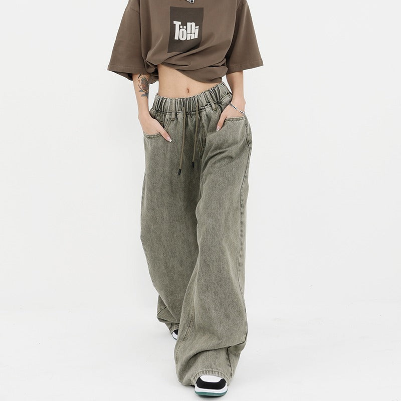 Retro Worn Looking Washed-out Drawstring Jeans For Women