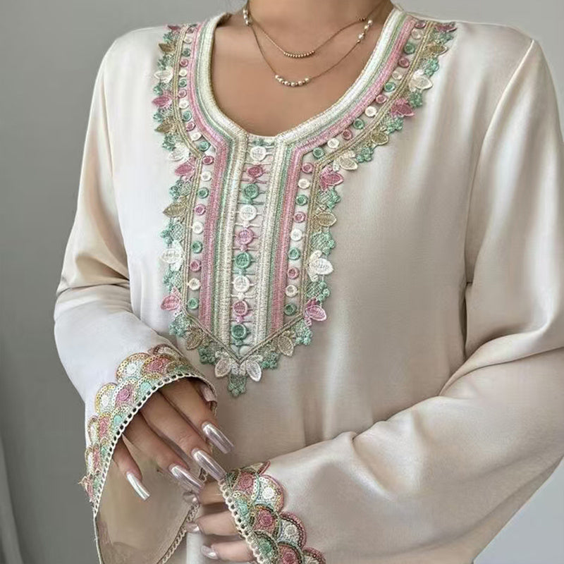 Middle Eastern Embroidered Maxi Dress - Round Neck Long Sleeve Flowy Kaftan With Exquisite Embroidery, Loose Fit