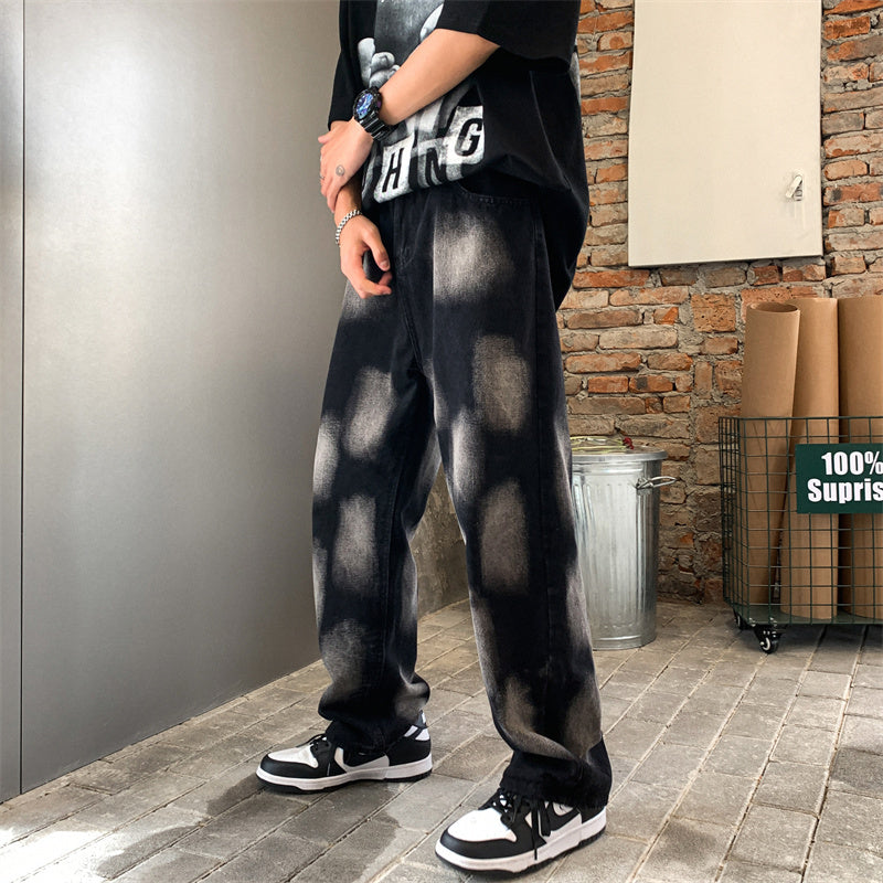 Bleach-Wash Street Style Jeans – Grunge Aesthetic with Urban Edge High Street Tie-dye Hip-hop Jeans For Men And Women Straight