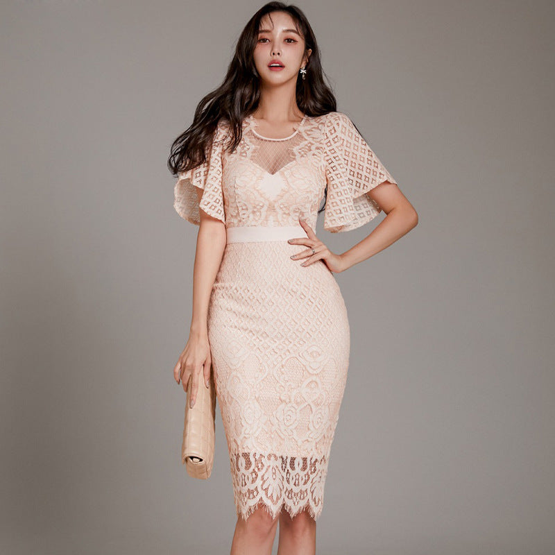 Elegant Lace Midi Temperament Banquet Dress – Chic Cape Sleeve Cocktail Look Lace For Women's