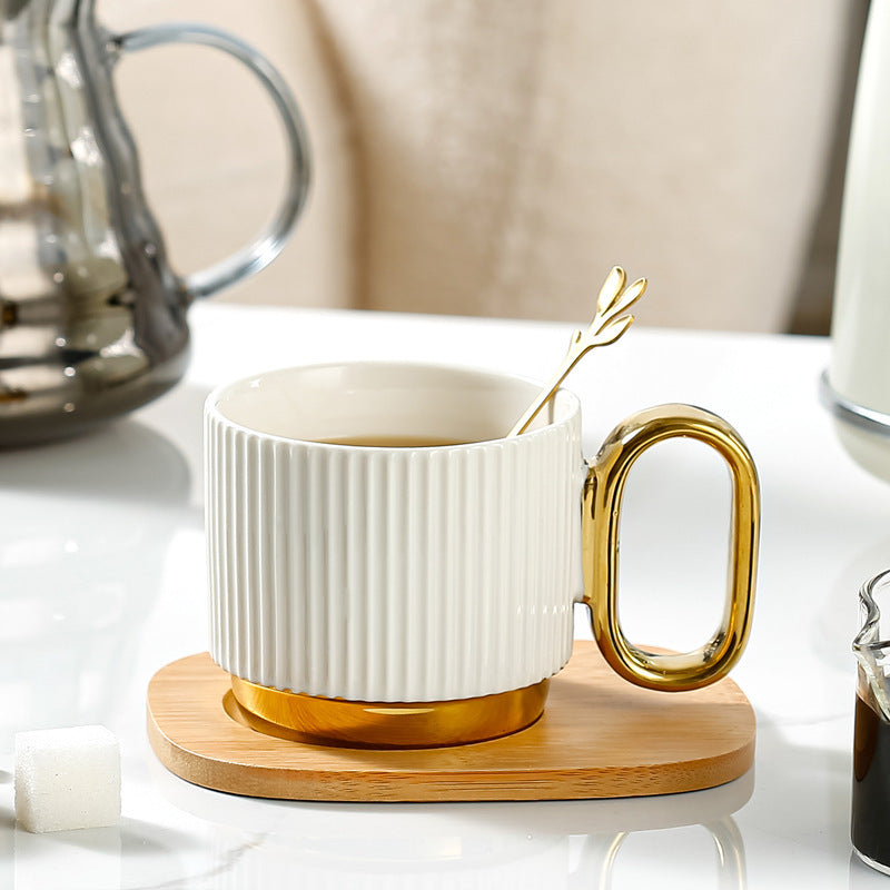 Ribbed Ceramic Coffee Mug with Wooden Saucer & Gold Spoon Set Ceramic Mug Household Afternoon Tea Coffee Cup
