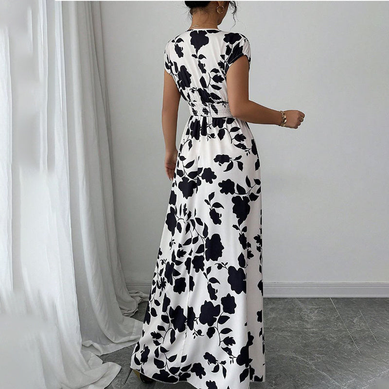 Wrap V Neck Short Sleeve Empire Elastic Waist Summer Casual Elegant Maxi Long Dresses