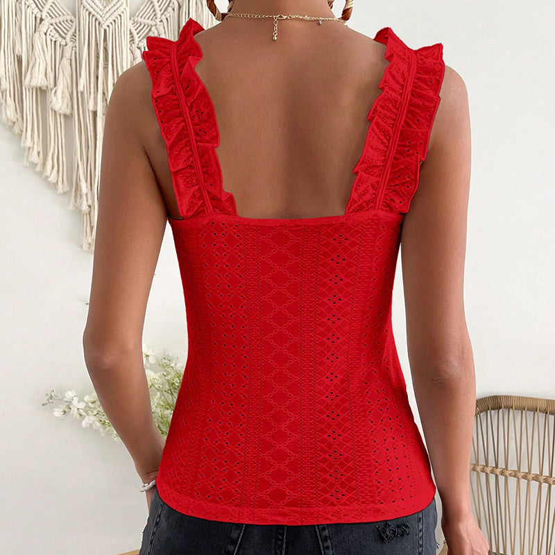 Ruffle Shoulder Square Neck Ribbed Knit Tank Top | Fitted Sleeveless Cami Women's Sleeveless Tank Tops Ruffle Strap Square Neck Eyelet Blouse Slim Fit
