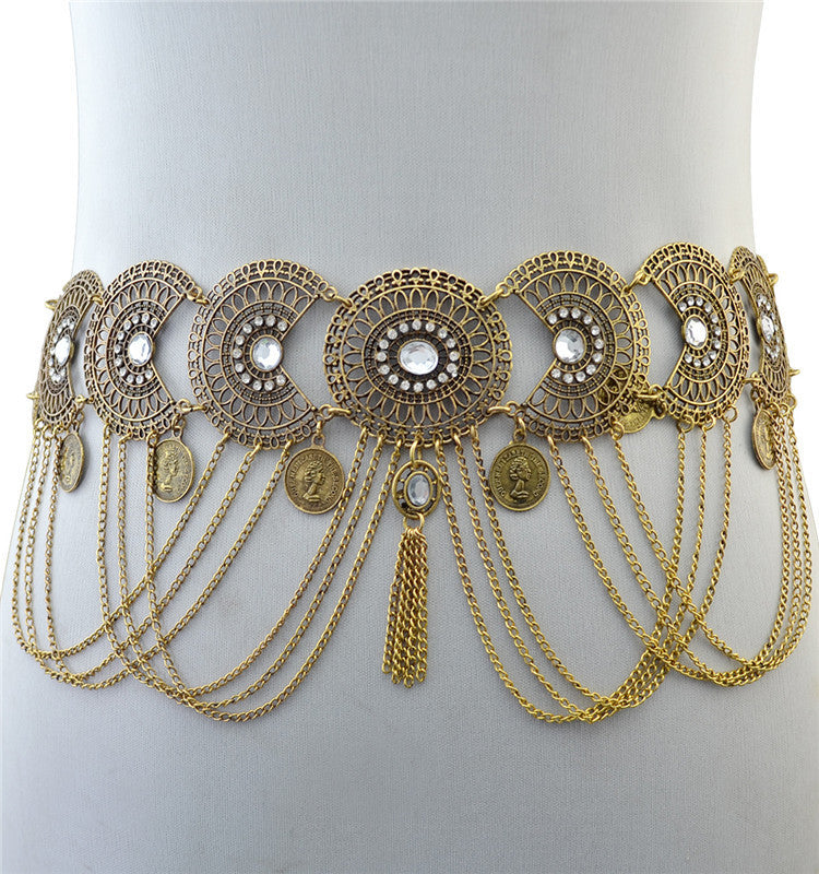 Bohemian Ornate Chain Belts Tribal Disc Waist Chains Ethnic Dangle Hip Belts Statement Festival Body Chains Coin Tassel Waist Chain
