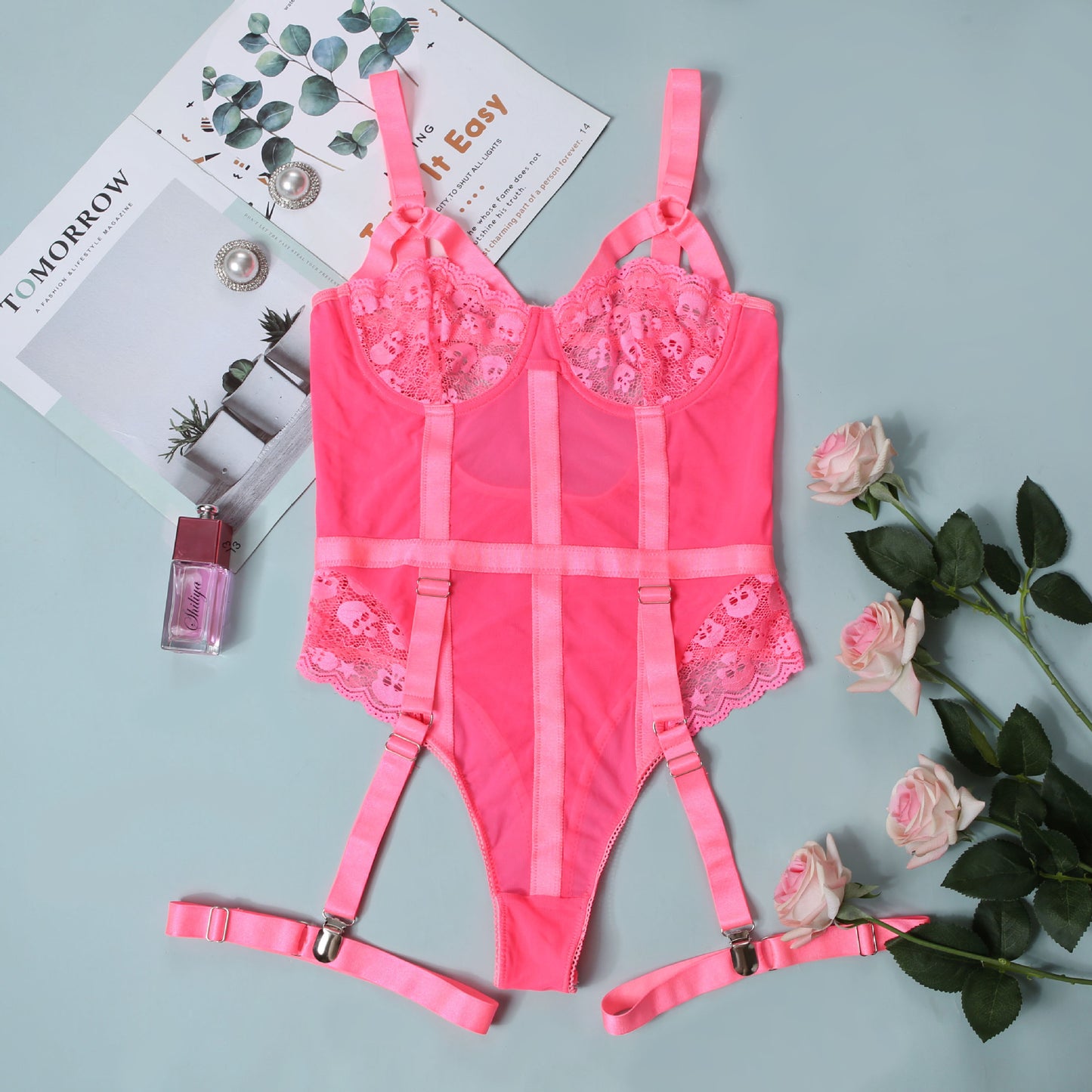 Lace Bodysuit with Garter Belt - Sheer One Piece Lingerie Lace Sexy Nightclub Outfit Jumpsuit