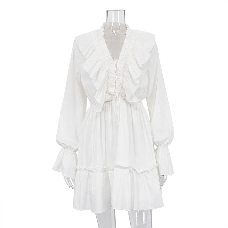 Chic Ruffle Mini Dress | V-Neck with Billowy Long Sleeves (White, Pink, Black, Blue) Fashion V Neck Pleated Ruffle Long Sleeve Dress Y2K V Neck Flared Sleeve Short Dress Women's Clothing