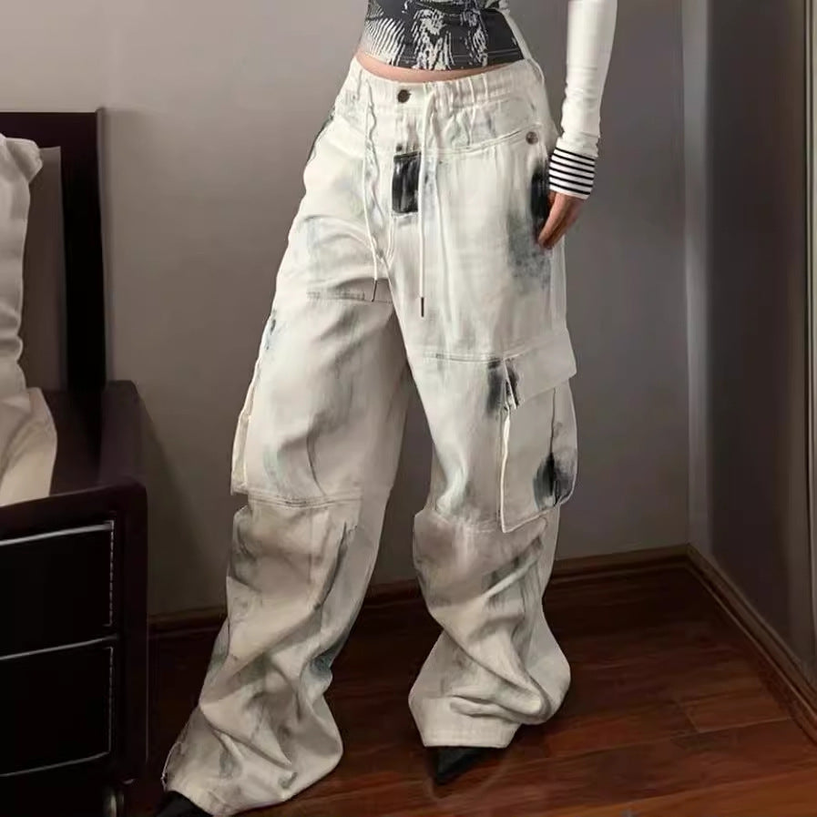 White Graffiti Distressed Cargo Jeans – Y2K Streetwear Wide-Leg Pants Plus Size Washed Brushed Multi-pocket Workwear Jeans For Women