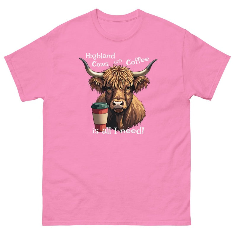 Printed Pink Highland Cows And Coffee Are All I Need T-Shirt For Women's