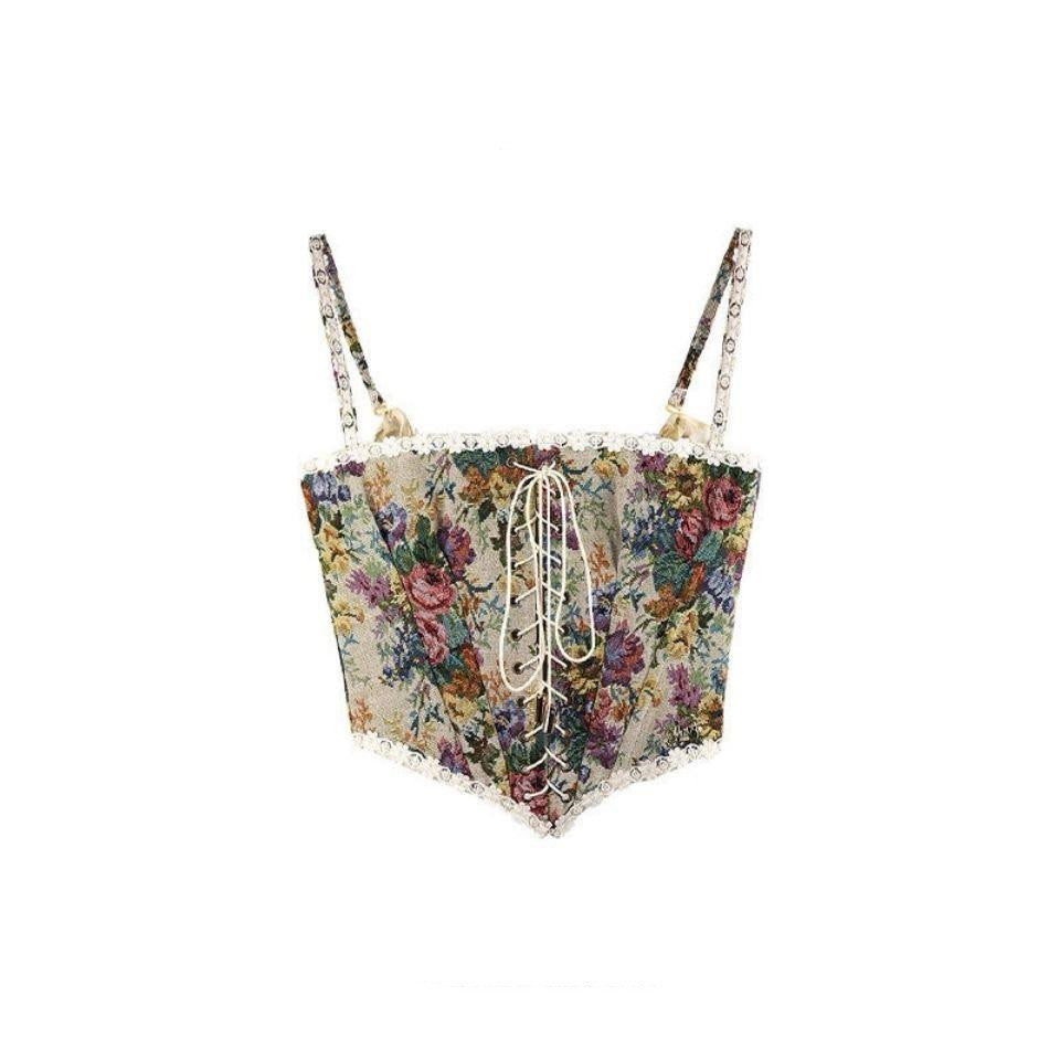 Women's French Vintage Camisole Floral Lace-up Tube Top
