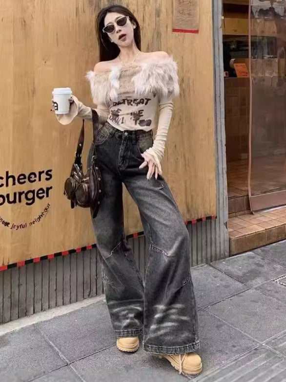 American-style Retro Washed Gradient Wide-leg All-matching Casual Straight-leg Mop Jeans
