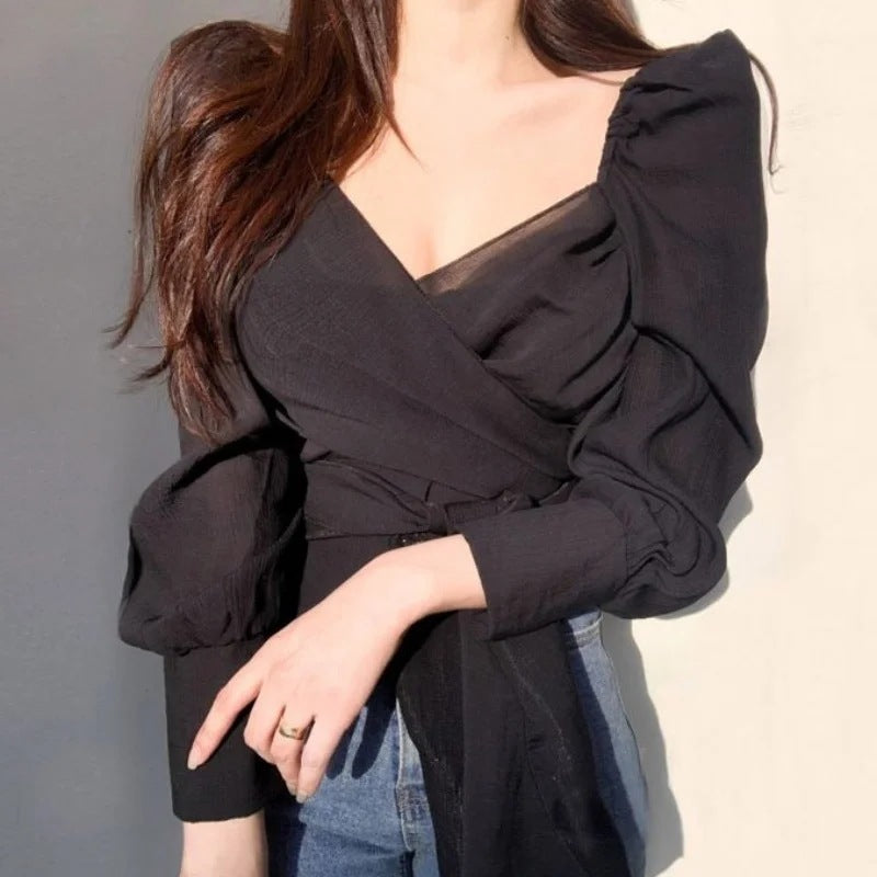 Chic & Versatile V-Neck Long Sleeve Blouse - Perfect for Dates & Office Fashion Elegant Chiffon Blouse Top For Women