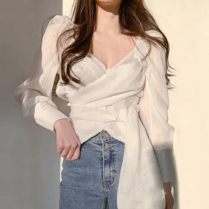 Chic & Versatile V-Neck Long Sleeve Blouse - Perfect for Dates & Office Fashion Elegant Chiffon Blouse Top For Women