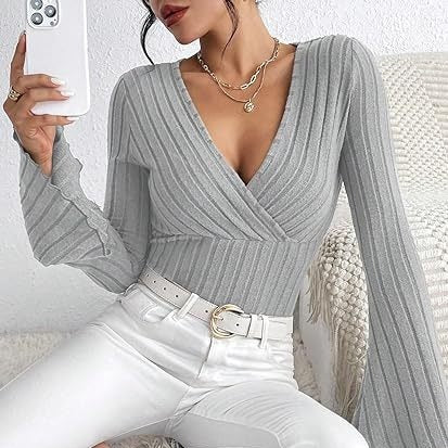Autumn And Winter Rib Sunken Stripe V-neck Flared Slim-fit Long Sleeve T-shirt Elegant Women's Top