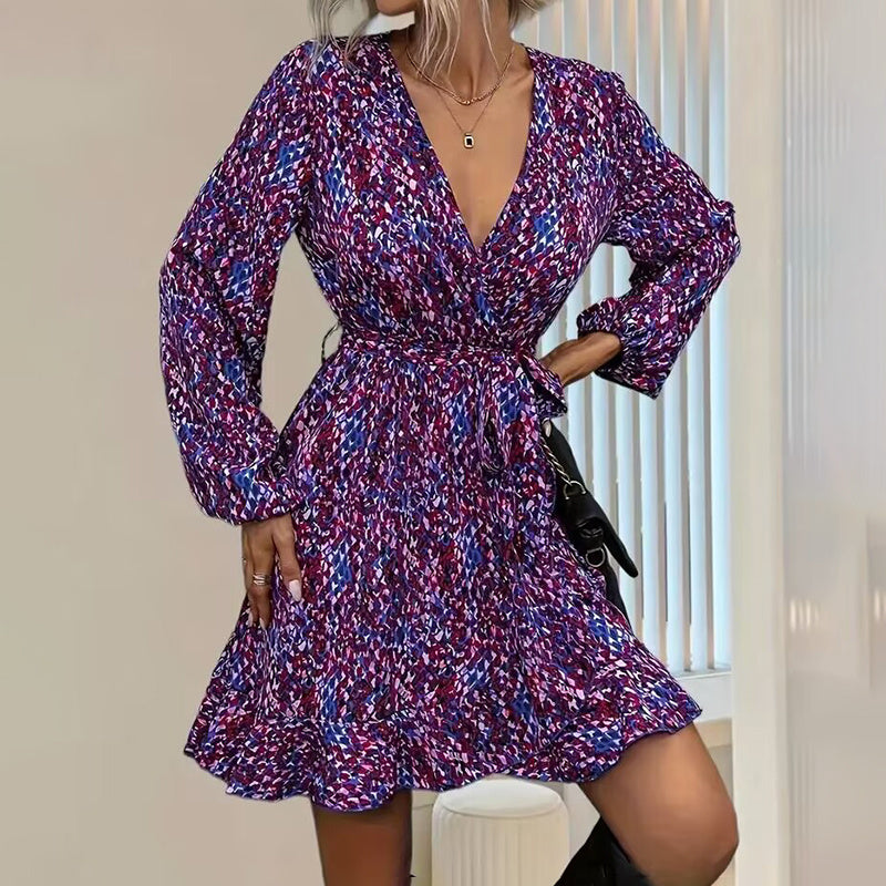 Leopard Print Ruffle Hem Long Sleeve V Neck Belted A Line Dress