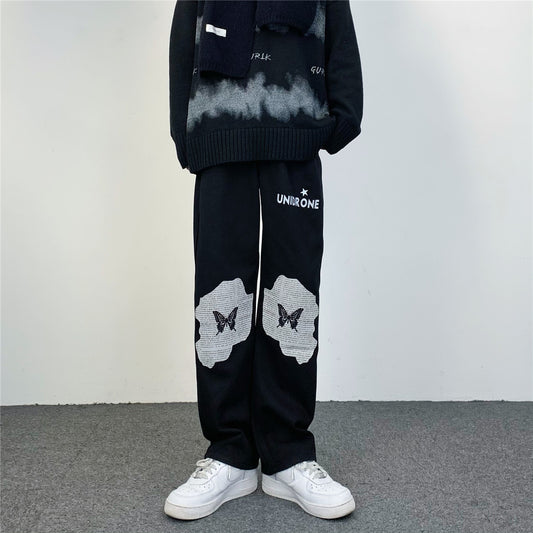 Unisex Streetwear Butterfly Patch Cargo Pants – Oversized Hip Hop Joggers Washed Straight Loose Casual Jeans For Men And Women