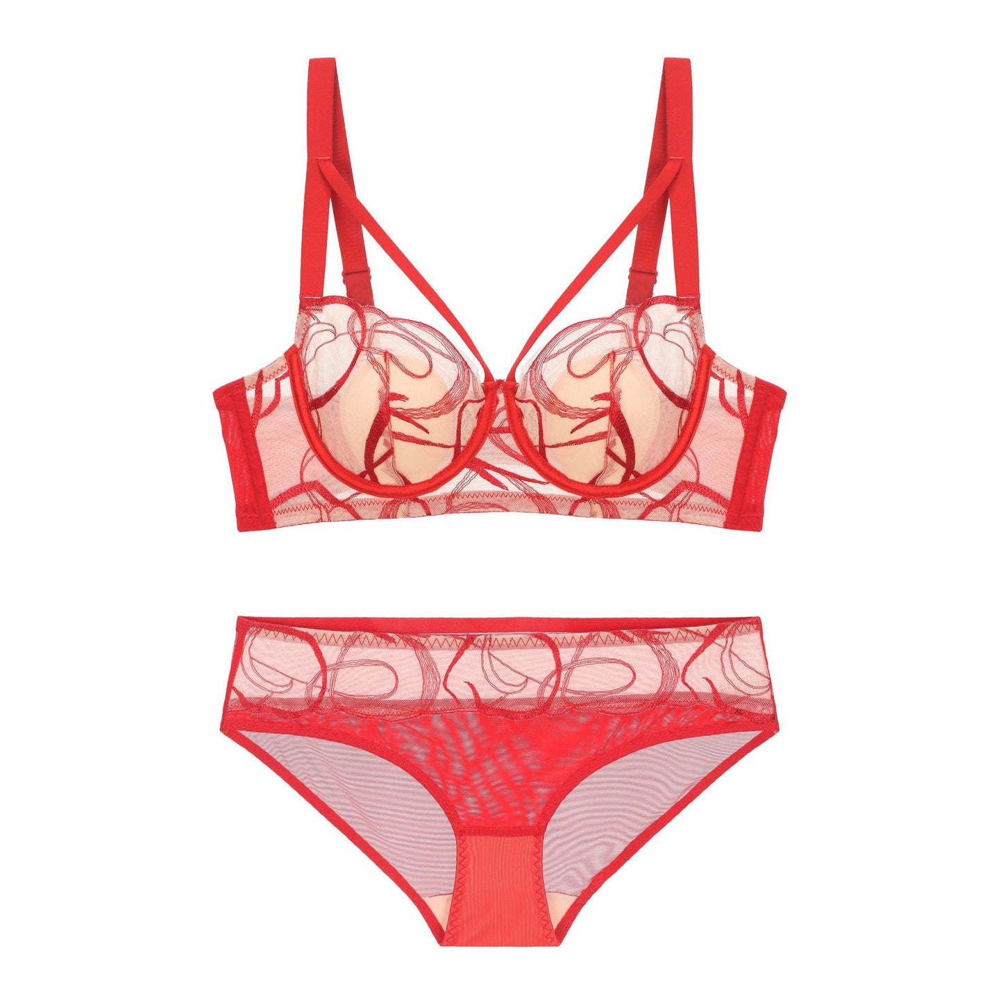Abstract Embroidery Lingerie Set - Sheer Mesh Underwire Bra & Panty French Embroidery Suit Bra