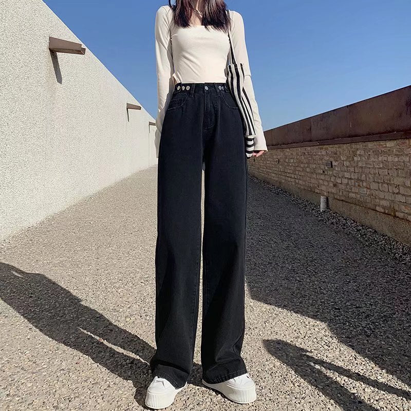 Effortless Elegance – Minimalist Wide-Leg Trousers New High Waist Drooping Straight Jeans For Women